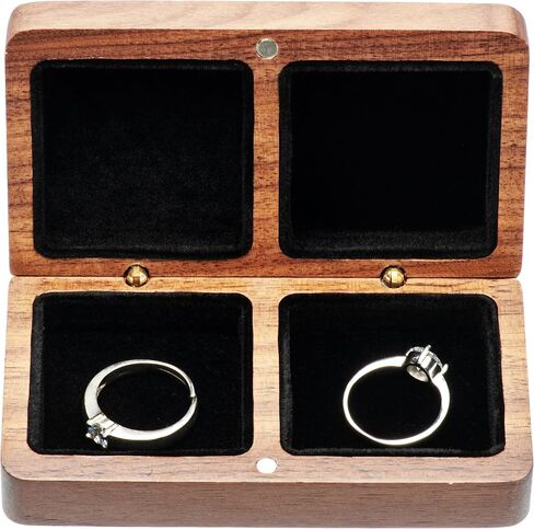 COSISO Walnut Wood Rectangle Vintage Double Wooden Ring Box for wedding ceremony 2 rings,Small Rustic Keepsake Wedding Ring Holder Decorative Gift Box (Black Inner) in Saudi Arabia