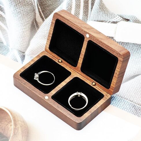 COSISO Walnut Wood Rectangle Vintage Double Wooden Ring Box for wedding ceremony 2 rings,Small Rustic Keepsake Wedding Ring Holder Decorative Gift Box (Black Inner) in Saudi Arabia