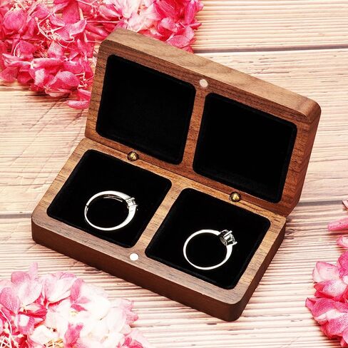 COSISO Walnut Wood Rectangle Vintage Double Wooden Ring Box for wedding ceremony 2 rings,Small Rustic Keepsake Wedding Ring Holder Decorative Gift Box (Black Inner) in Saudi Arabia