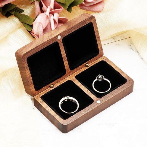 COSISO Walnut Wood Rectangle Vintage Double Wooden Ring Box for wedding ceremony 2 rings,Small Rustic Keepsake Wedding Ring Holder Decorative Gift Box (Black Inner) in Saudi Arabia