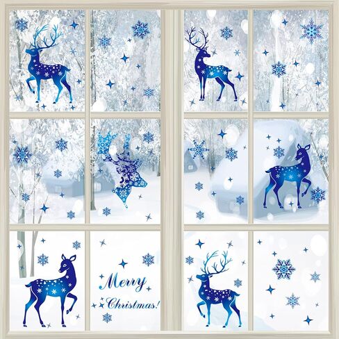 6 Sheets Christmas Window Clings Xmas Deer and Snowflake Window Stickers Christmas Snowflake Window Decorations Blue Xmas Removable Window Decals for Xmas Christmas Party Decorations in Saudi Arabia