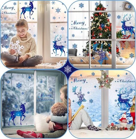 6 Sheets Christmas Window Clings Xmas Deer and Snowflake Window Stickers Christmas Snowflake Window Decorations Blue Xmas Removable Window Decals for Xmas Christmas Party Decorations in Saudi Arabia