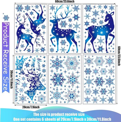 6 Sheets Christmas Window Clings Xmas Deer and Snowflake Window Stickers Christmas Snowflake Window Decorations Blue Xmas Removable Window Decals for Xmas Christmas Party Decorations in Saudi Arabia