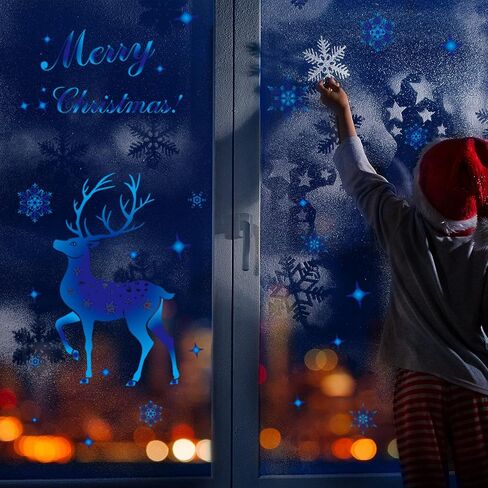 6 Sheets Christmas Window Clings Xmas Deer and Snowflake Window Stickers Christmas Snowflake Window Decorations Blue Xmas Removable Window Decals for Xmas Christmas Party Decorations in Saudi Arabia