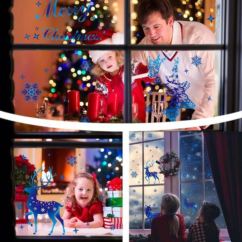 6 Sheets Christmas Window Clings Xmas Deer and Snowflake Window Stickers Christmas Snowflake Window Decorations Blue Xmas Removable Window Decals for Xmas Christmas Party Decorations in Saudi Arabia
