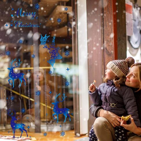 6 Sheets Christmas Window Clings Xmas Deer and Snowflake Window Stickers Christmas Snowflake Window Decorations Blue Xmas Removable Window Decals for Xmas Christmas Party Decorations in Saudi Arabia