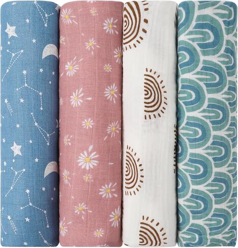 XLSXEXCL 4 Pack Muslin Baby Blankets, Soft 100% Cotton Muslin Swaddle Blankets Boho Rainbow Neutral Receiving Blanket Swaddling for Boys & Girls, Thin and Light Summer Baby Essentials, 48 x 44 in in Saudi Arabia