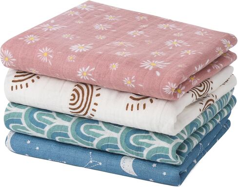 XLSXEXCL 4 Pack Muslin Baby Blankets, Soft 100% Cotton Muslin Swaddle Blankets Boho Rainbow Neutral Receiving Blanket Swaddling for Boys & Girls, Thin and Light Summer Baby Essentials, 48 x 44 in in Saudi Arabia