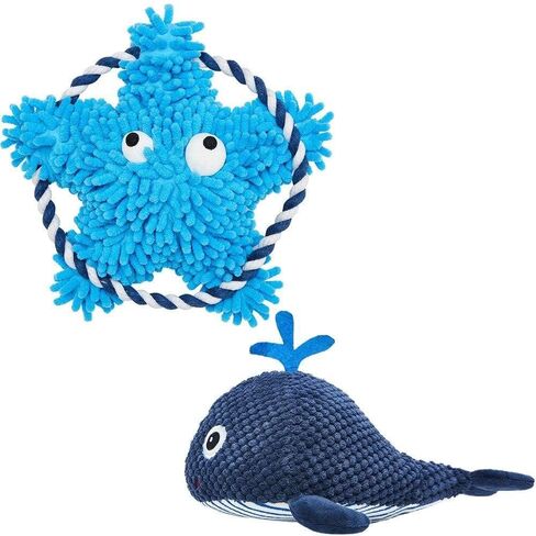 Blueberry Pet Pack of 2 Squeaky Plush Dog Toy Durable Interactive Tugging Chew Rope Toy for Puppies and Small Dogs, 7 4/5" Sea-Star + 4 3/8" Whale in Saudi Arabia