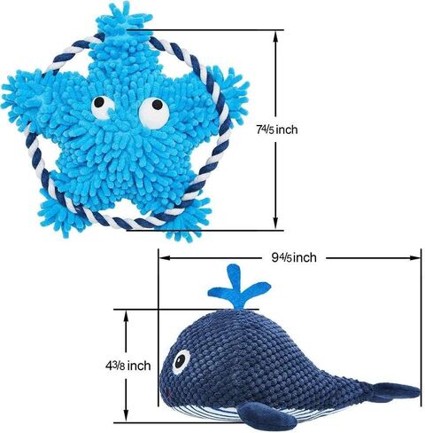 Blueberry Pet Pack of 2 Squeaky Plush Dog Toy Durable Interactive Tugging Chew Rope Toy for Puppies and Small Dogs, 7 4/5" Sea-Star + 4 3/8" Whale in Saudi Arabia