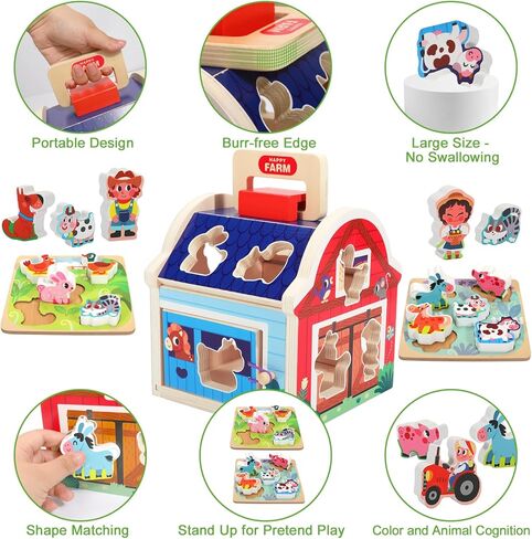 ألعاب حيوانات خشبية من ميلوفافير للأطفال من مونتيسوري لعمر 1 عامين من البنات والأولاد، مجموعة ألعاب الحظيرة مع كتل الألغاز، ألعاب تعليمية لفرز أشكال الأطفال، هدايا عيد الميلاد للأطفال الصغار in Kuwait