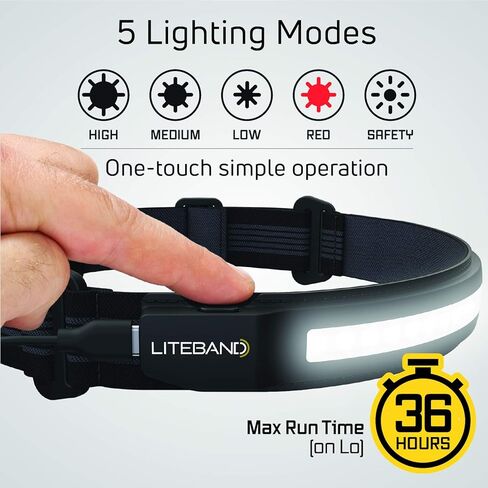 Liteband ACTIV 400 مصباح أمامي LED واسع الشعاع - إضاءة 210 درجة، 400 لومن، خفيف الوزن، مقاوم للطقس، قابل لإعادة الشحن، USB-C، وضع LED أحمر - التخييم، الجري، المشي لمسافات طويلة، يناسب القبعات الصلبة، LBA400-L18O، المحيط in Kuwait