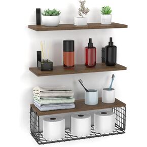 BORISI أرفف عائمة مثبتة على الحائط، أرفف حمام خشبية فوق المرحاض مع سلة تخزين ورقية، أرفف حائط مزرعة ريفية لديكور الحائط، غرفة النوم، غرفة المعيشة، المطبخ، حجرة المؤن in Kuwait
