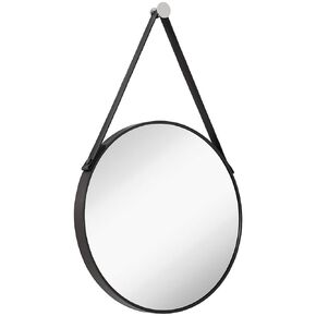 Hamilton Hills Hanging Black Leather Strap Metal Circular Wall Mirror with Chrome Accents| Glass Panel Rounded Circle Design Vanity Mirror (24" Round) in Kuwait