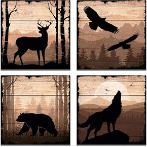 DIMARONGTON Wild Animal Canvas Wall Art - Rustic Cabin Decor Wildlife Wall Art - 12x12 Deer Wolf Eagle Bear Decor - Wall Woodland Nursery Animal Pictures 4 Pack in Kuwait