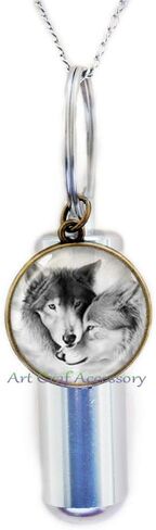 Love Wolf Cremation URN Necklace for Couples Lover Grey Natural Animal Jewelry Glass Cabochon URN Chain Neckless Valentine's Day Giftt,RN144 in Saudi Arabia