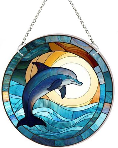 WQVSHRO Dolphin Stained Acrylic Window Hanging Ornament, Ocean Themed Decor Hanging with Chain, Acrylic Wall Art Decor Panel for Indoor Outdoor Decor, Housewarming Gift (Dolphin,8'') in Saudi Arabia