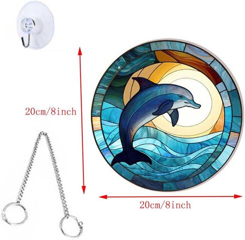 WQVSHRO Dolphin Stained Acrylic Window Hanging Ornament, Ocean Themed Decor Hanging with Chain, Acrylic Wall Art Decor Panel for Indoor Outdoor Decor, Housewarming Gift (Dolphin,8'') in Saudi Arabia