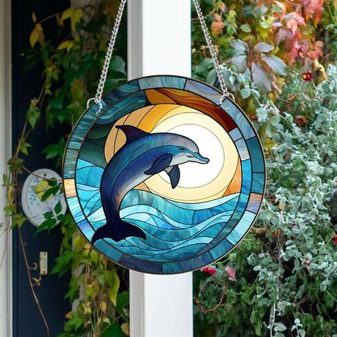WQVSHRO Dolphin Stained Acrylic Window Hanging Ornament, Ocean Themed Decor Hanging with Chain, Acrylic Wall Art Decor Panel for Indoor Outdoor Decor, Housewarming Gift (Dolphin,8'') in Saudi Arabia