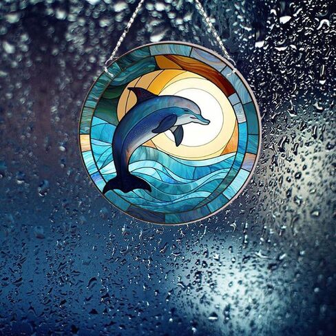 WQVSHRO Dolphin Stained Acrylic Window Hanging Ornament, Ocean Themed Decor Hanging with Chain, Acrylic Wall Art Decor Panel for Indoor Outdoor Decor, Housewarming Gift (Dolphin,8'') in Saudi Arabia