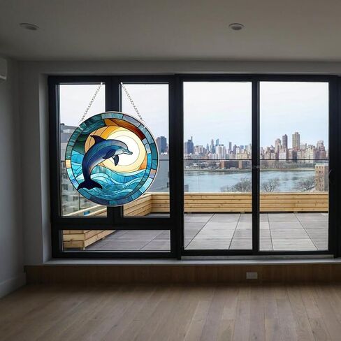WQVSHRO Dolphin Stained Acrylic Window Hanging Ornament, Ocean Themed Decor Hanging with Chain, Acrylic Wall Art Decor Panel for Indoor Outdoor Decor, Housewarming Gift (Dolphin,8'') in Saudi Arabia