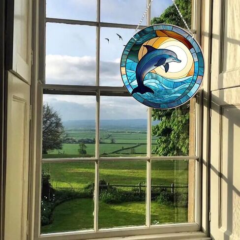 WQVSHRO Dolphin Stained Acrylic Window Hanging Ornament, Ocean Themed Decor Hanging with Chain, Acrylic Wall Art Decor Panel for Indoor Outdoor Decor, Housewarming Gift (Dolphin,8'') in Saudi Arabia