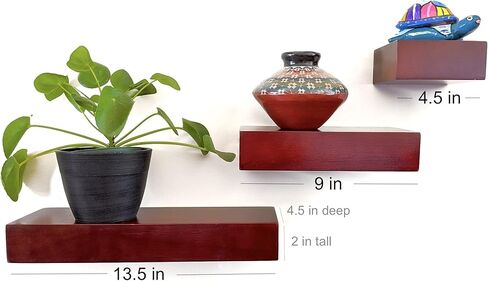 Ninefold Design Solid Wood Size Variety Floating Wall Shelves Home Decor in Mahogany Color, Holds 30 Ibs Each Easy Installation for Living Room, Bedroom, Bathroom, Kitchen, and Office. in Kuwait