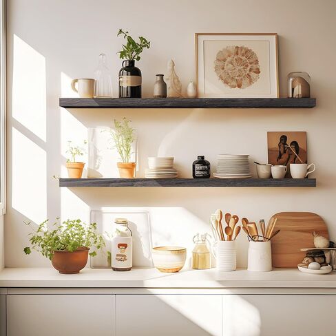 LaVie Home Floating Shelves, Floating Wood Shelves Set of 2 - Rustic Shelf 36 inch, Solid Wood Wall Shelves for Living Room Bedroom Kitchen Bathroom Farmhouse, Walnut in Kuwait