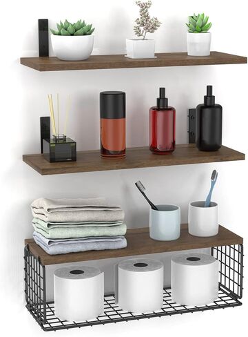 BORISI أرفف عائمة مثبتة على الحائط، أرفف حمام خشبية فوق المرحاض مع سلة تخزين ورقية، أرفف حائط مزرعة ريفية لديكور الحائط، غرفة النوم، غرفة المعيشة، المطبخ، حجرة المؤن in Kuwait