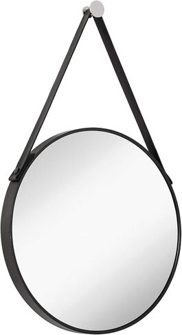 Hamilton Hills Hanging Black Leather Strap Metal Circular Wall Mirror with Chrome Accents| Glass Panel Rounded Circle Design Vanity Mirror (24" Round) in Kuwait
