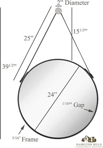 Hamilton Hills Hanging Black Leather Strap Metal Circular Wall Mirror with Chrome Accents| Glass Panel Rounded Circle Design Vanity Mirror (24" Round) in Kuwait