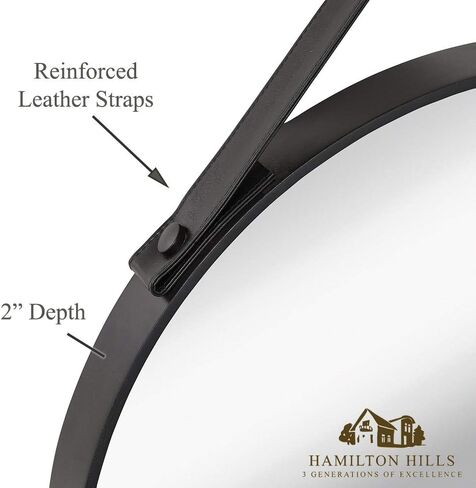 Hamilton Hills Hanging Black Leather Strap Metal Circular Wall Mirror with Chrome Accents| Glass Panel Rounded Circle Design Vanity Mirror (24" Round) in Kuwait