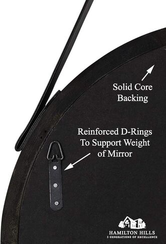 Hamilton Hills Hanging Black Leather Strap Metal Circular Wall Mirror with Chrome Accents| Glass Panel Rounded Circle Design Vanity Mirror (24" Round) in Kuwait