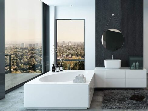 Hamilton Hills Hanging Black Leather Strap Metal Circular Wall Mirror with Chrome Accents| Glass Panel Rounded Circle Design Vanity Mirror (24" Round) in Kuwait