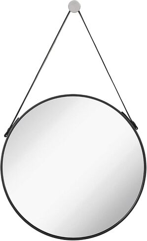 Hamilton Hills Hanging Black Leather Strap Metal Circular Wall Mirror with Chrome Accents| Glass Panel Rounded Circle Design Vanity Mirror (24" Round) in Kuwait