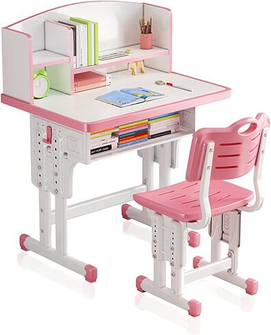 WGLAWL Kids' Study Desk Chair Sets, Pink, Adjustable Height, Ergonomic Design, Large Storage Drawer, Built-in Bookshelf, Bedroom Furniture in Kuwait