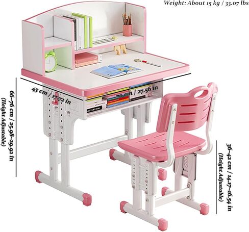 WGLAWL Kids' Study Desk Chair Sets, Pink, Adjustable Height, Ergonomic Design, Large Storage Drawer, Built-in Bookshelf, Bedroom Furniture in Kuwait