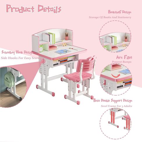 WGLAWL Kids' Study Desk Chair Sets, Pink, Adjustable Height, Ergonomic Design, Large Storage Drawer, Built-in Bookshelf, Bedroom Furniture in Kuwait