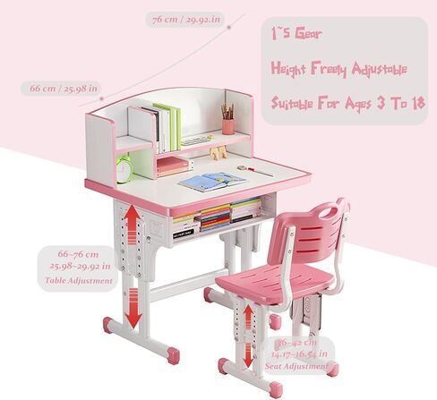 WGLAWL Kids' Study Desk Chair Sets, Pink, Adjustable Height, Ergonomic Design, Large Storage Drawer, Built-in Bookshelf, Bedroom Furniture in Kuwait