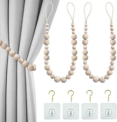 HILELIFE الستار Tiebacks، 2 حزمة الخشب حبة الستار Tiebacks Boho، العلاقات الستار للستائر، Holdbacks الستار للجدار، Tiebacks الستار مزرعة، ظهورهم التعادل الستار مع السنانير للمكتب المنزلي in Kuwait