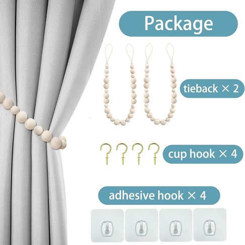 HILELIFE الستار Tiebacks، 2 حزمة الخشب حبة الستار Tiebacks Boho، العلاقات الستار للستائر، Holdbacks الستار للجدار، Tiebacks الستار مزرعة، ظهورهم التعادل الستار مع السنانير للمكتب المنزلي in Kuwait