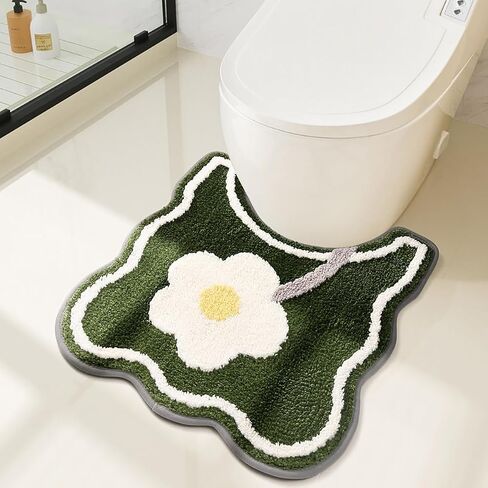 Tyrafry Toilet Bath Rug, U-Shaped Non-Slip Toilet Rug, Flower Rug for Bathroom Floor Soft Plush Microfiber Mat Super Absorbent Washable Bath Shower Mat, 19.5 x 21.5 Inches, Green in Saudi Arabia