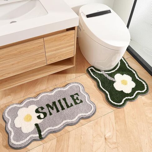 Tyrafry Toilet Bath Rug, U-Shaped Non-Slip Toilet Rug, Flower Rug for Bathroom Floor Soft Plush Microfiber Mat Super Absorbent Washable Bath Shower Mat, 19.5 x 21.5 Inches, Green in Saudi Arabia