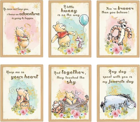 ديكور حائط فينتاج ويني بطباعة ذا بوه - مجموعة من 6 قطع، 8 × 10 انش لتزيين حفلات استقبال المولود الجديد والحضانة واعياد الميلاد وديكور غرفة النوم in Kuwait