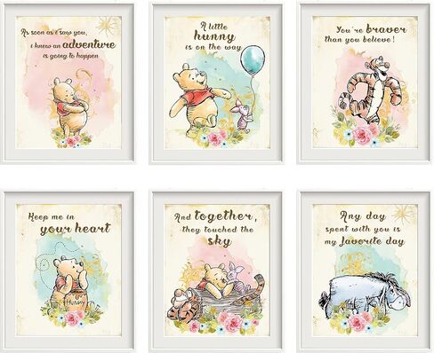 ديكور حائط فينتاج ويني بطباعة ذا بوه - مجموعة من 6 قطع، 8 × 10 انش لتزيين حفلات استقبال المولود الجديد والحضانة واعياد الميلاد وديكور غرفة النوم in Kuwait