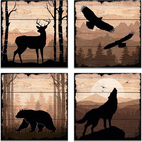 DIMARONGTON Wild Animal Canvas - Rustic Cabin Decor Wildlife Wall Art - 12x12 Deer Wolf Eagle Bear Canvas Wall Art - Woodland Wall Art - Cabin Wall Art 4 Pack in Kuwait