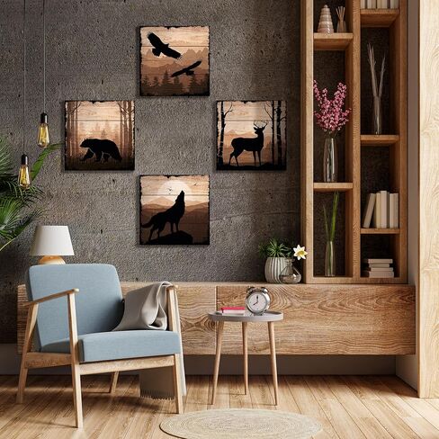 DIMARONGTON Wild Animal Canvas - Rustic Cabin Decor Wildlife Wall Art - 12x12 Deer Wolf Eagle Bear Canvas Wall Art - Woodland Wall Art - Cabin Wall Art 4 Pack in Kuwait