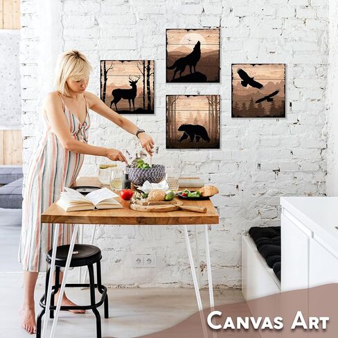 DIMARONGTON Wild Animal Canvas - Rustic Cabin Decor Wildlife Wall Art - 12x12 Deer Wolf Eagle Bear Canvas Wall Art - Woodland Wall Art - Cabin Wall Art 4 Pack in Kuwait