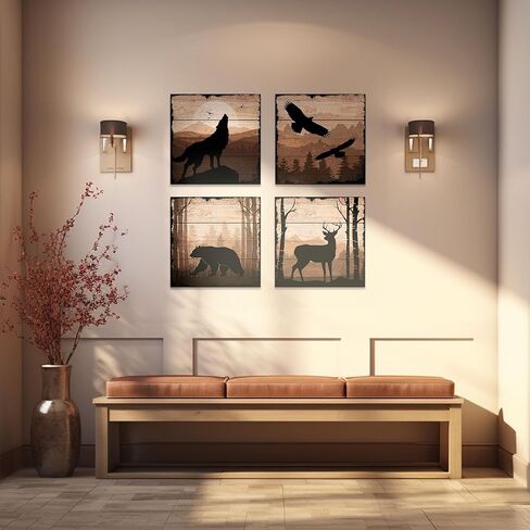 DIMARONGTON Wild Animal Canvas - Rustic Cabin Decor Wildlife Wall Art - 12x12 Deer Wolf Eagle Bear Canvas Wall Art - Woodland Wall Art - Cabin Wall Art 4 Pack in Kuwait
