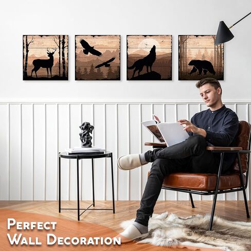 DIMARONGTON Wild Animal Canvas - Rustic Cabin Decor Wildlife Wall Art - 12x12 Deer Wolf Eagle Bear Canvas Wall Art - Woodland Wall Art - Cabin Wall Art 4 Pack in Kuwait